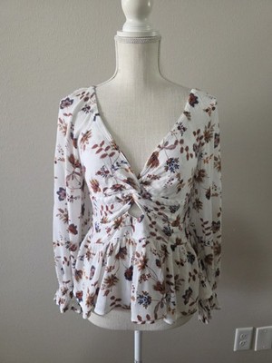 Francesca s Long Sleeve Floral Print Keyhole Blouse Size M Medium White Smocked