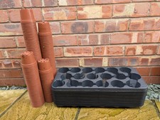 12 Sets of Used 8.5cm Plant Pots and Carry/Marketing Trays with Drainage Holes