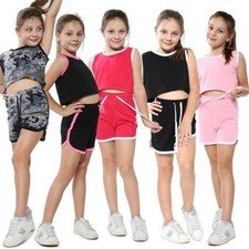 Kids Girls Shorts Set 100 Cotton Contrast Taped Summer Top Hot Short 5-13 Yrs
