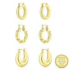 WGOUD 3Pairs 14K Gold Plated Chunky Hoop Earrings Set for Women, Medium,