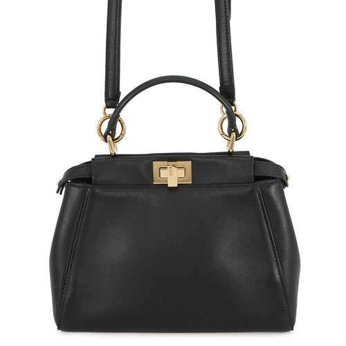 FENDI Mini Peekaboo Leather Handbag Black W8.7in x H7.1in x D4.3in Used