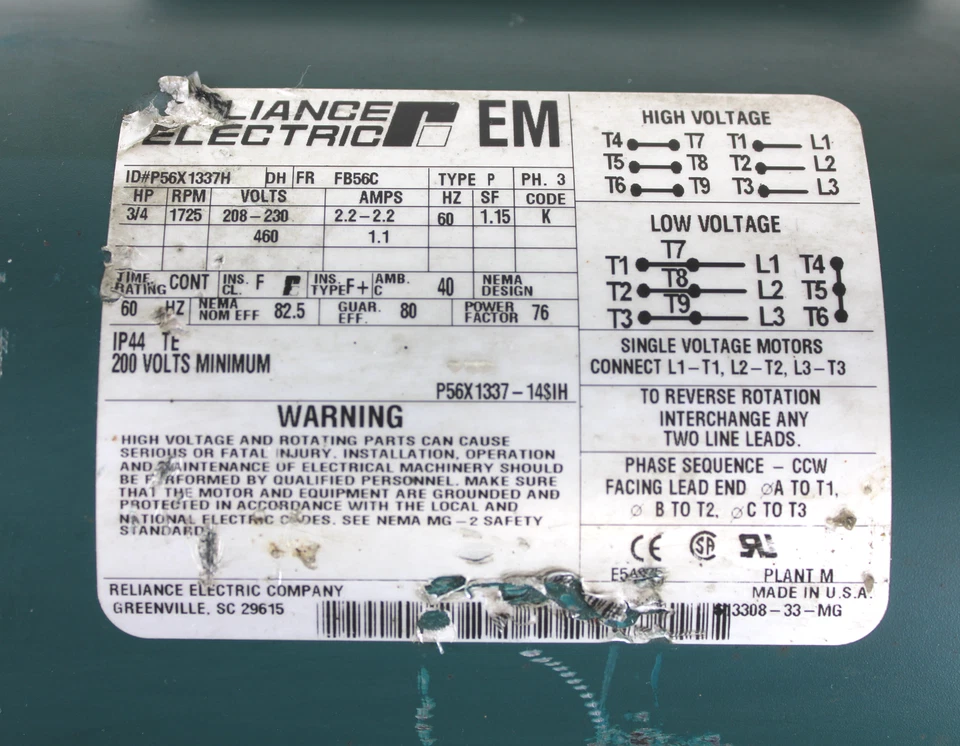 Reliance Electric P56X1337H Motor 3/4HP 1725RPM w/Dodge Tigear MR96101L1 D FD - Image 4 of 4