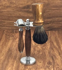 WOOD MENS COMPLETE SHAVING KIT TRAVEL SET 6 PCS DE RAZOR STAND  BRUSH BLADES  