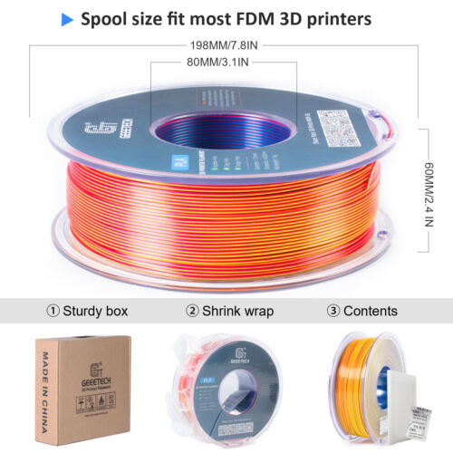 Filament 3D GEEETECH Silky PLA 1,75 mm 1 kg soie rouge et jaune et bleu 3 dégradés couleur FR - Photo 5/7