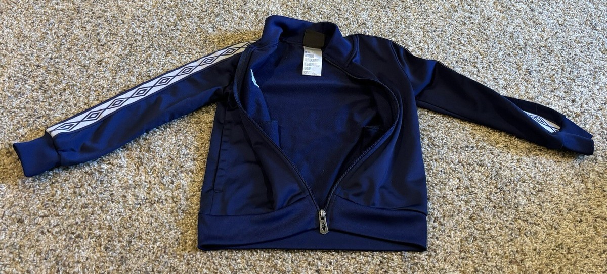 Umbro Kid's Hoodless Zip Up Jacket Navy Blue/White Sleeve Size XS