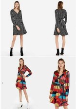 New Express Black Striped Colorblock Ruffle Elastic Wrap Fit Flare Dress XS S M