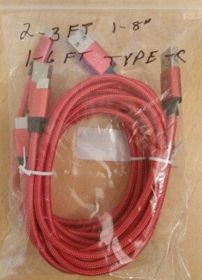USB Cable To Type C Connection Cable 1- 6 FT, 2- 3 Ft and One 8 inch Braided Red