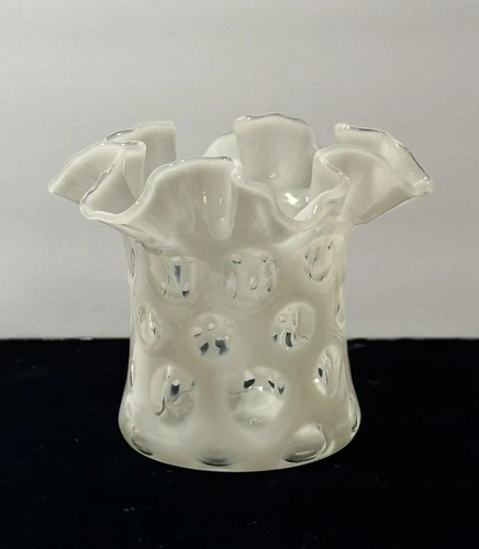 Fenton White Ruffled Coin Dot Vase Small 3" T By 4" W