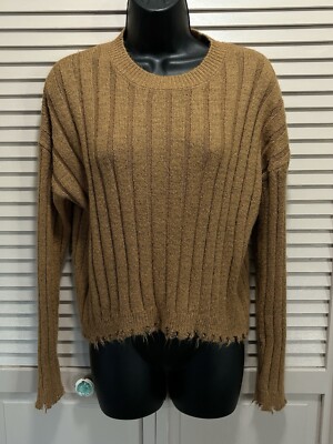 Rue 21 Camel Color Cable Knit Sweater Long Sleeve Raw Hem Size Small Crew Neck