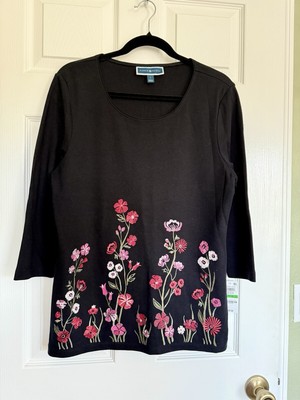 Karen Scott Gorgeous Black with Floral Embroidery Wildflowers NWT