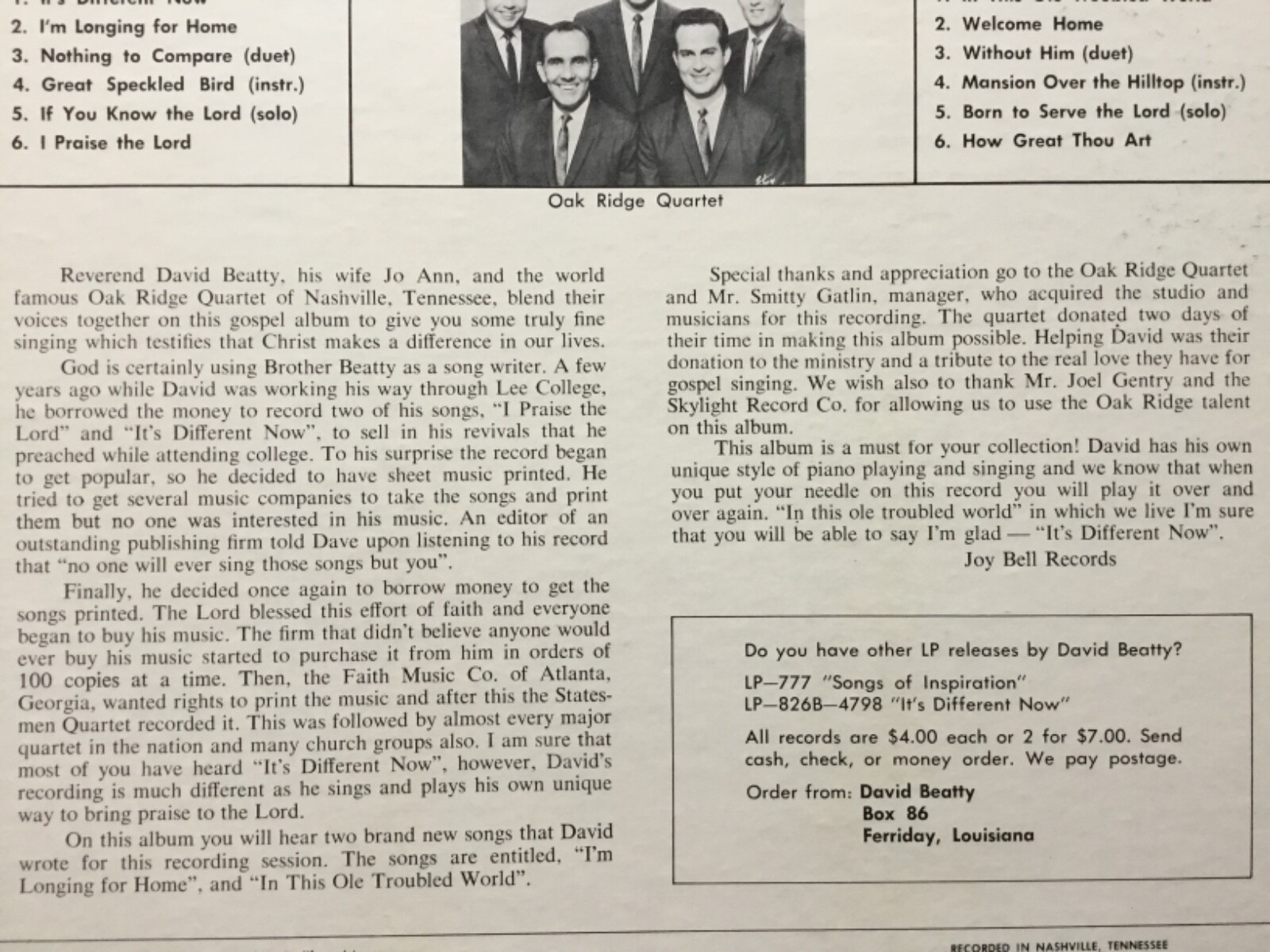 DAVID BEATTY It’s Different Now Vinyl LP Jerry Lee Lewis Jimmy Swaggart