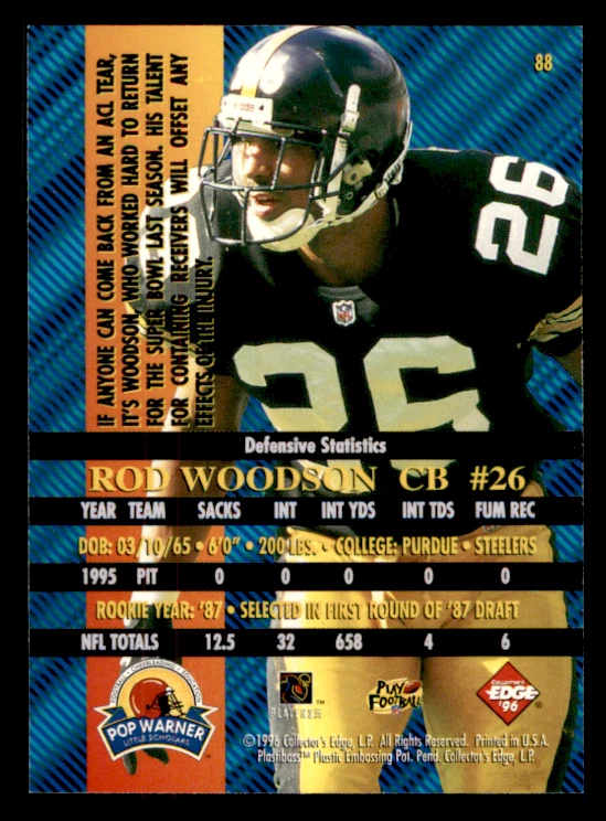 1996 Collector's Edge Advantage Rod Woodson    #88 Pittsburgh Steelers - Image 2 of 2