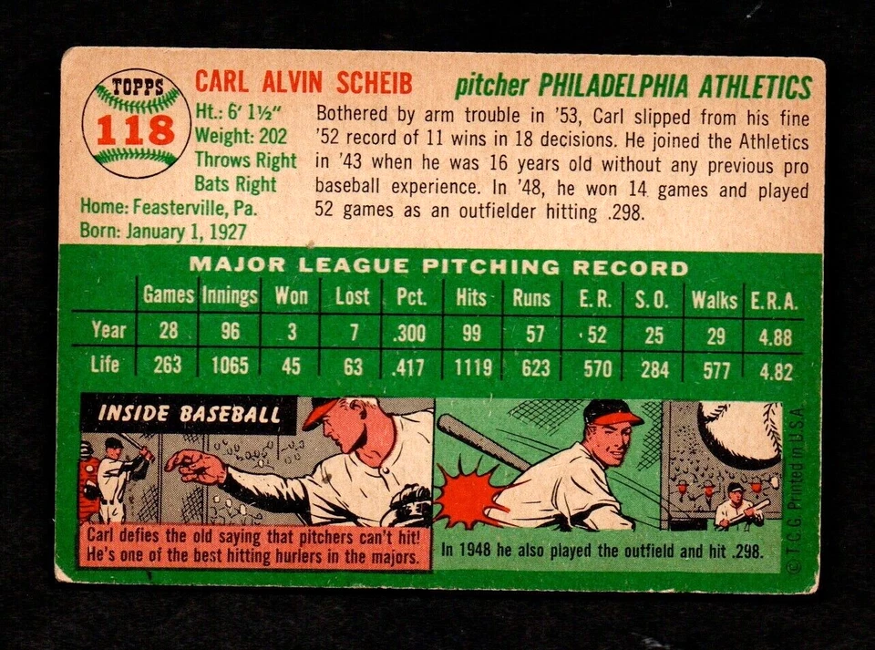 1954 Topps CARL SCHEIB Philadelphia Athletics Pitcher #118 - Image 2 of 2
