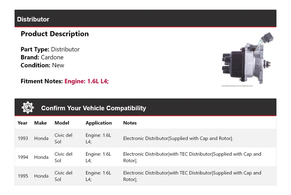 Для 1993-1995 Honda Civic del Sol 1,6 л L4 дистрибьютор Cardone 1994 - Изображение 2 из 4