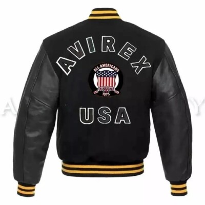 Avirex MILLIONAIRE Varsity Bomber Solid Black Wool Body & Leather Sleeves jacket