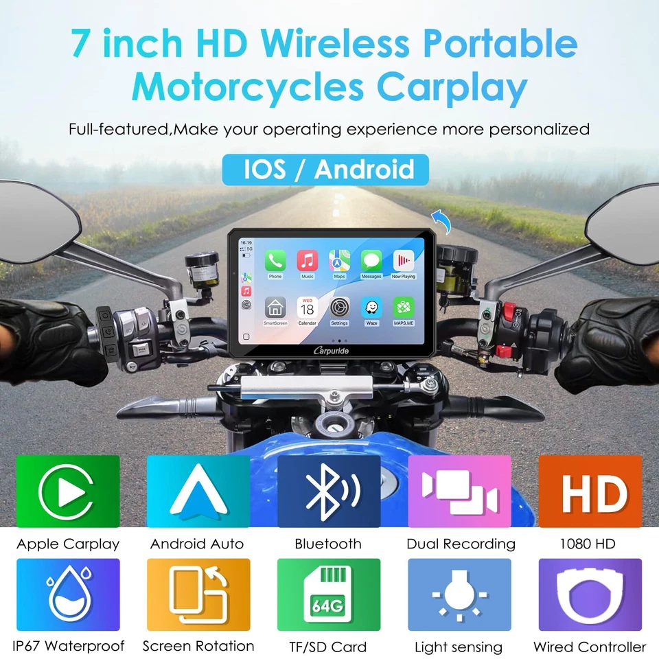 Carpuride W712D Moto Carplay Bildschirm 1080P Doppelkameras CarPlay Android Auto - Bild 2 von 4