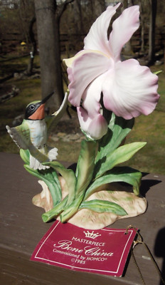 Hummingbird Pink Orchid Masterpiece Bone China Homco 1985 Bird Collector COA Inc