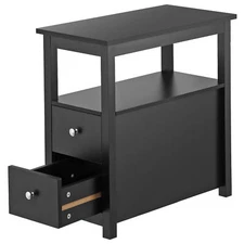 End Table with 2 Drawers Open Shelf Narrow Sofa End Table for Living Room Black