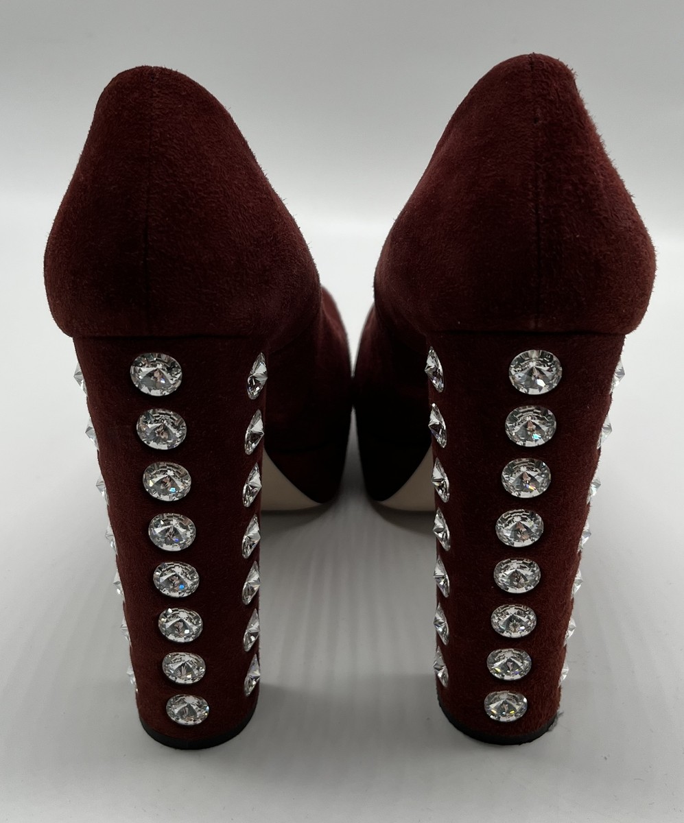 Miu Miu Burgundy Suede Platform Square Toe Jewel-Embellished