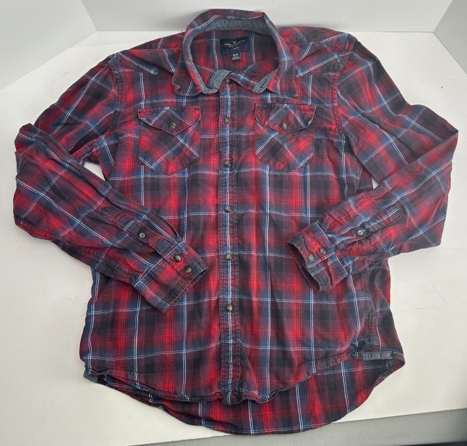 American Eagle Button Shirt Mens Medium Slim Fit Plaid Flannel Long