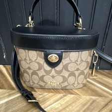 Coach Signature Beige Black Satchel Top Handl...