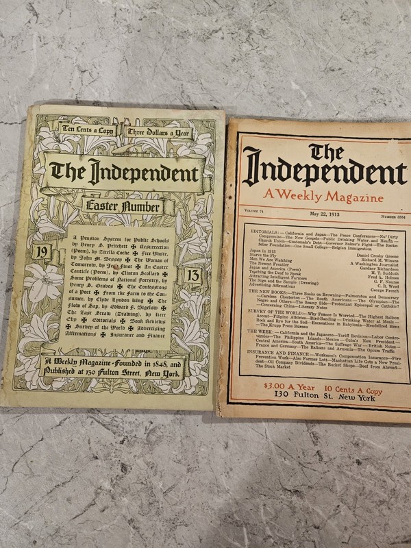 1911-1913 THE INDEPENDENT WEEKLY MAGAZINE LOT OF 10 ARTICLES & ADVERTISING 