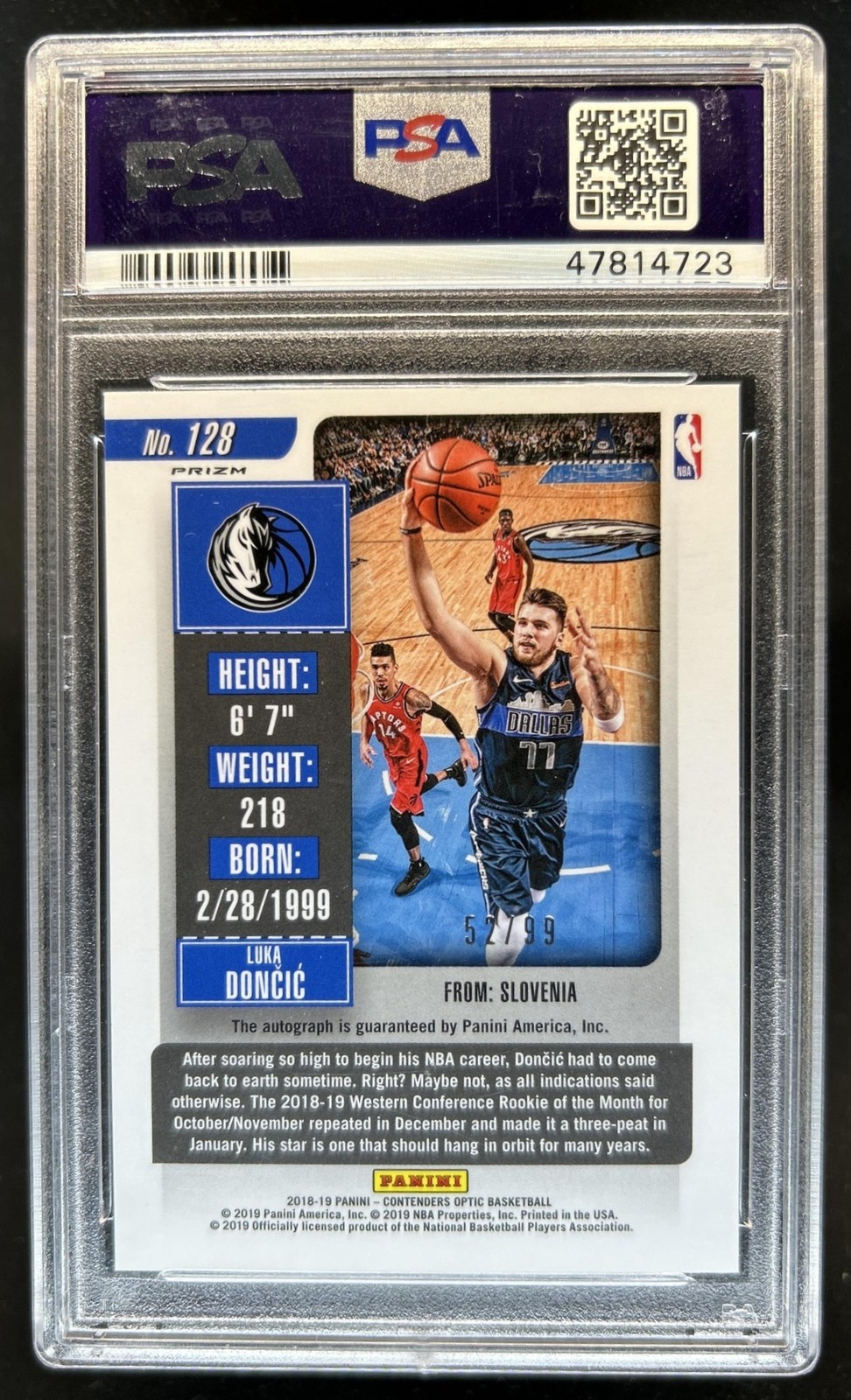 2018-19 Contenders Optic Luka Doncic RC Blue Rookie Ticket Auto #/99 PSA 9 view 2