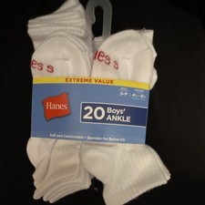 Hanes Boys Ankle Socks 20 Pairs Size S White Solid Lightweight