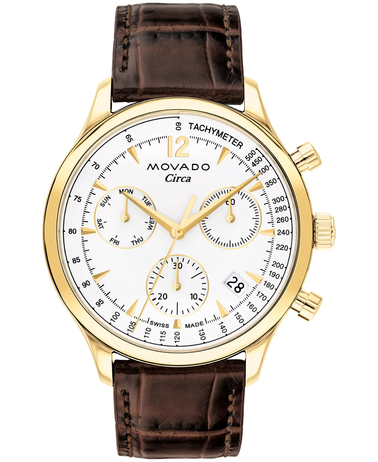 Movado Heritage Circa Swiss Quartz Chronograph Brown Leather Strap Watch 3650164