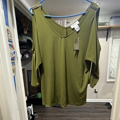 Carmen Marc Valvo Olive Green Knit Cold Shoulder Long Sleeve V-Neck Blouse M