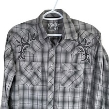 Wrangler Rock 47 Pearl Snap Western Shirt Mens M Gray Plaid Embroidered read