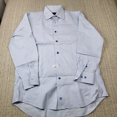slim fit dress slacks David Donahue Men's Trim Fit Check Cotton Dobby Dress Shirrt - Blue