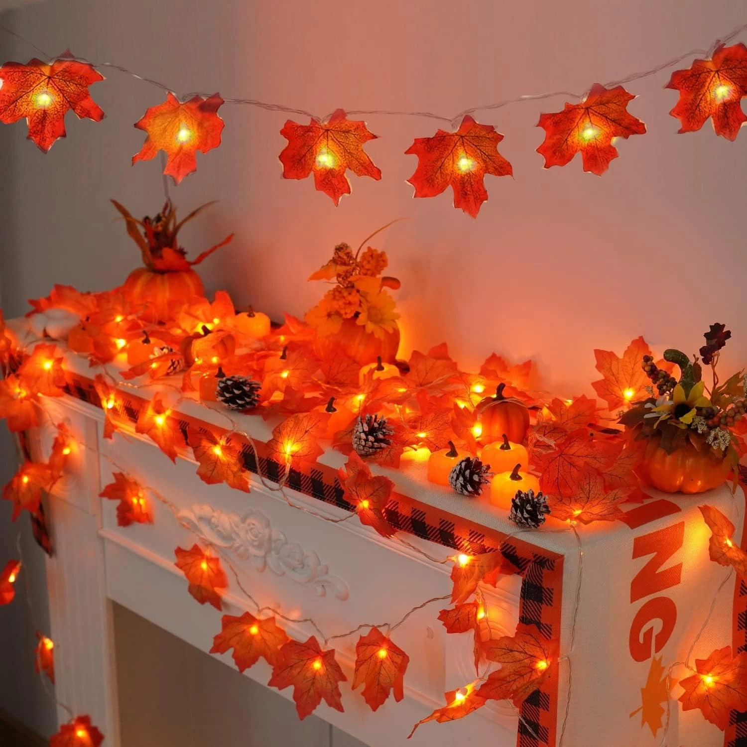 4 Pack Thanksgiving Lights, 40ft 80 LED Fall Maple Leaf Garland Decorations
