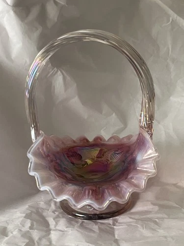 Vintage Fenton Plum Opalescent Strawberry Basket 6 1/2” X 5 1/2”