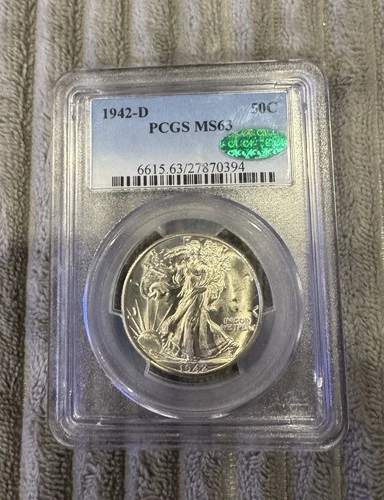 1942-D WALKING LIBERTY HALF DOLLAR PCGS MS63 CAC GREEN LABEL