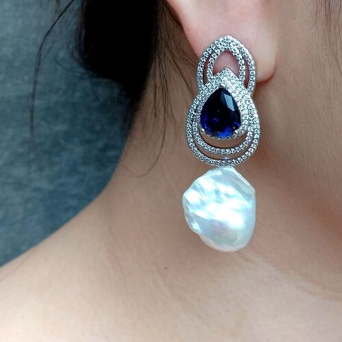 Boucles d'oreilles 16 x 21 mm blanc de culture perle bleu Cz pavé clou goutte bijoux femmes - Photo 1/6
