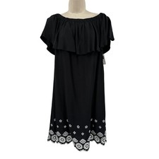 Old Navy Women's Off-Shoulder Black Dress White Embroidery Linen Blend Medium