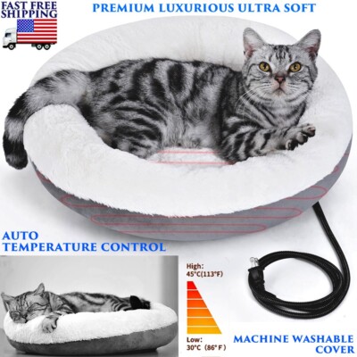 HEATED CAT BED INDOOR ELECTRIC PET BED SUPER SOFT SHERPA PLUSH MACHINE WASHABLE