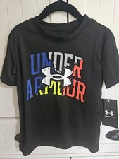 Boys Kids Youth Under Armour Shirt NEW Black Multi colo logo short sleeve Size 4