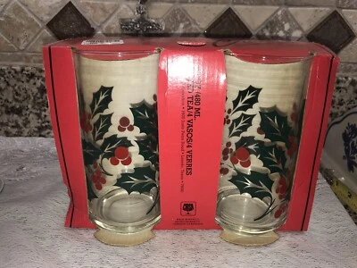 Crisa HOLLY & BERRIES GLASSES - Set of 4 TUMBLERS Holiday Barware Christmas New