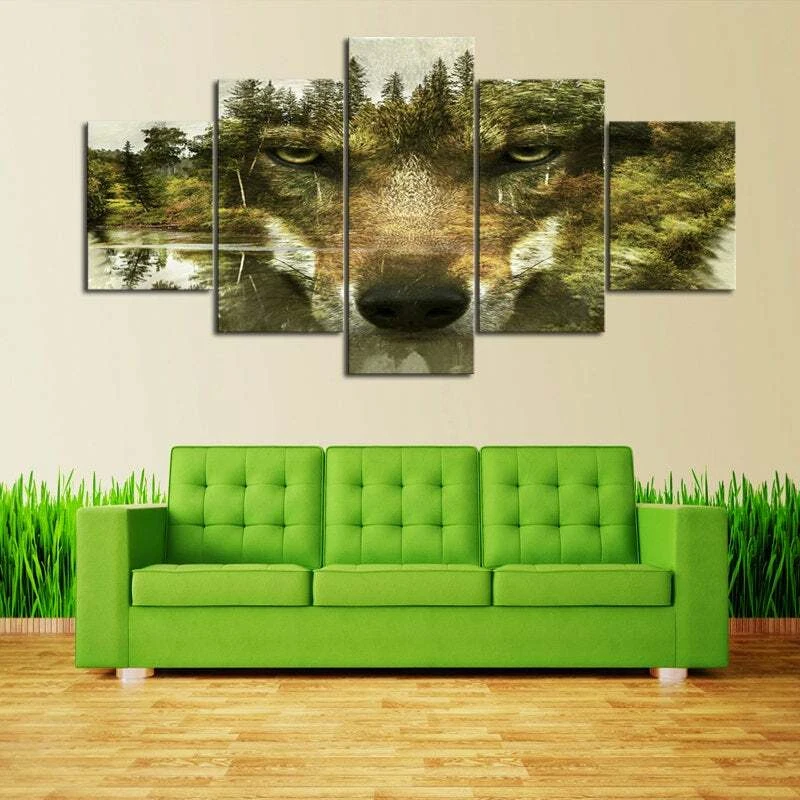 Multi Panel Wolf Forest Canvas 5 Piece Mountain Lake Frame Wolves Home Wall Art  - Image 3 of 4