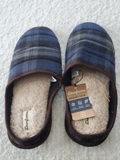 Dearfoams Men's 11-12 Blue Plaid Slip On Sherpa Quilted Indoor Outdoor Slipper