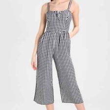 Hollister NEW Black White Gingham Cropped Jumpsuit Tie Front Sz small