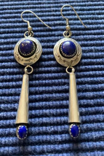 Boucles d'oreilles 3" en argent sterling Navajo lapis-lazuli - Photo 1/2