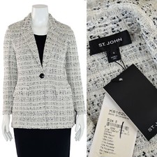 NWT St. John Knits 1595 Long Jacket in Bright White/Silver Shimmer sz 8