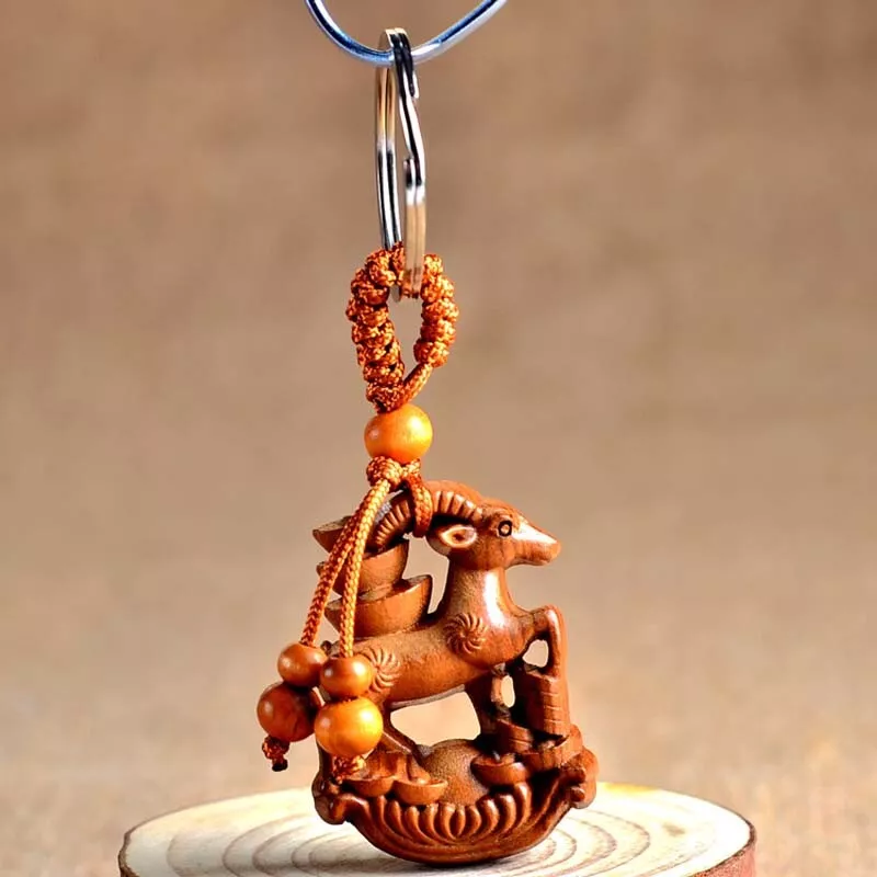 Wood Carving Chinese Zodiac Feng Shui Geomancy Goat Statue Key Chain Ring Hi Q