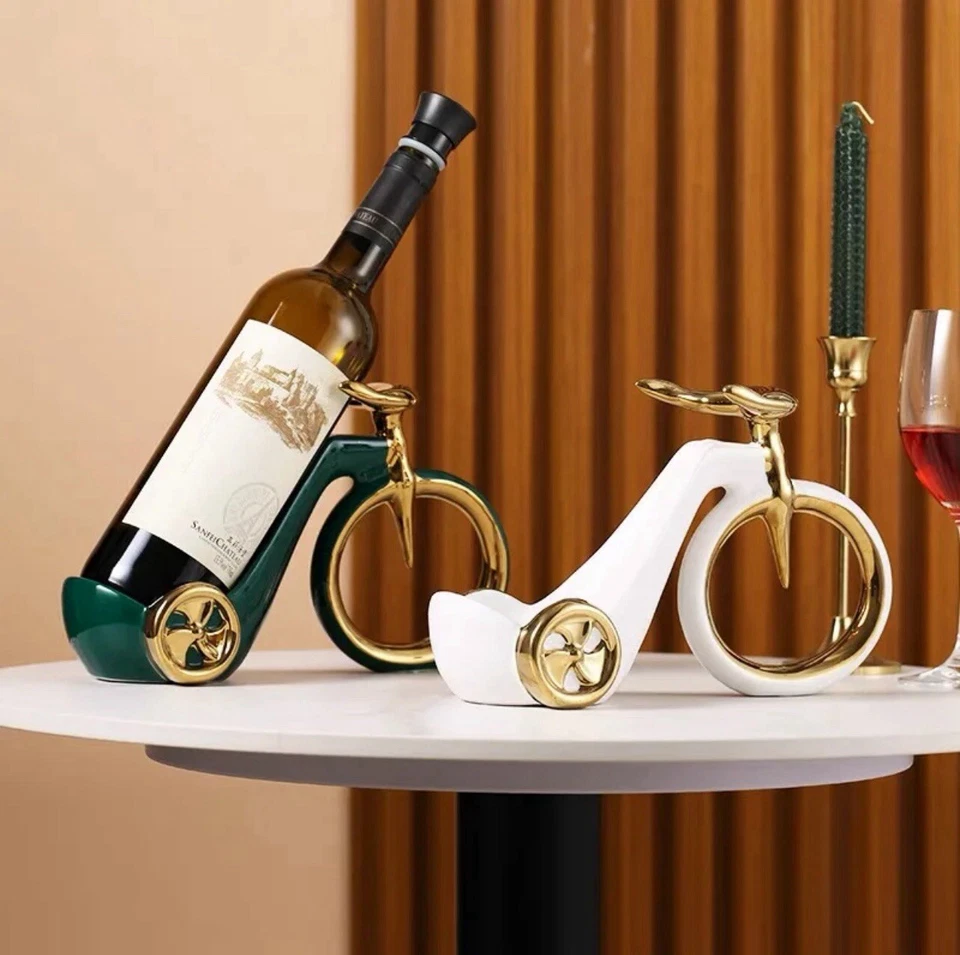 Portabotellas de vino de cerámica único en forma de bicicleta (blanco y dorado). Foto 2 de 4
