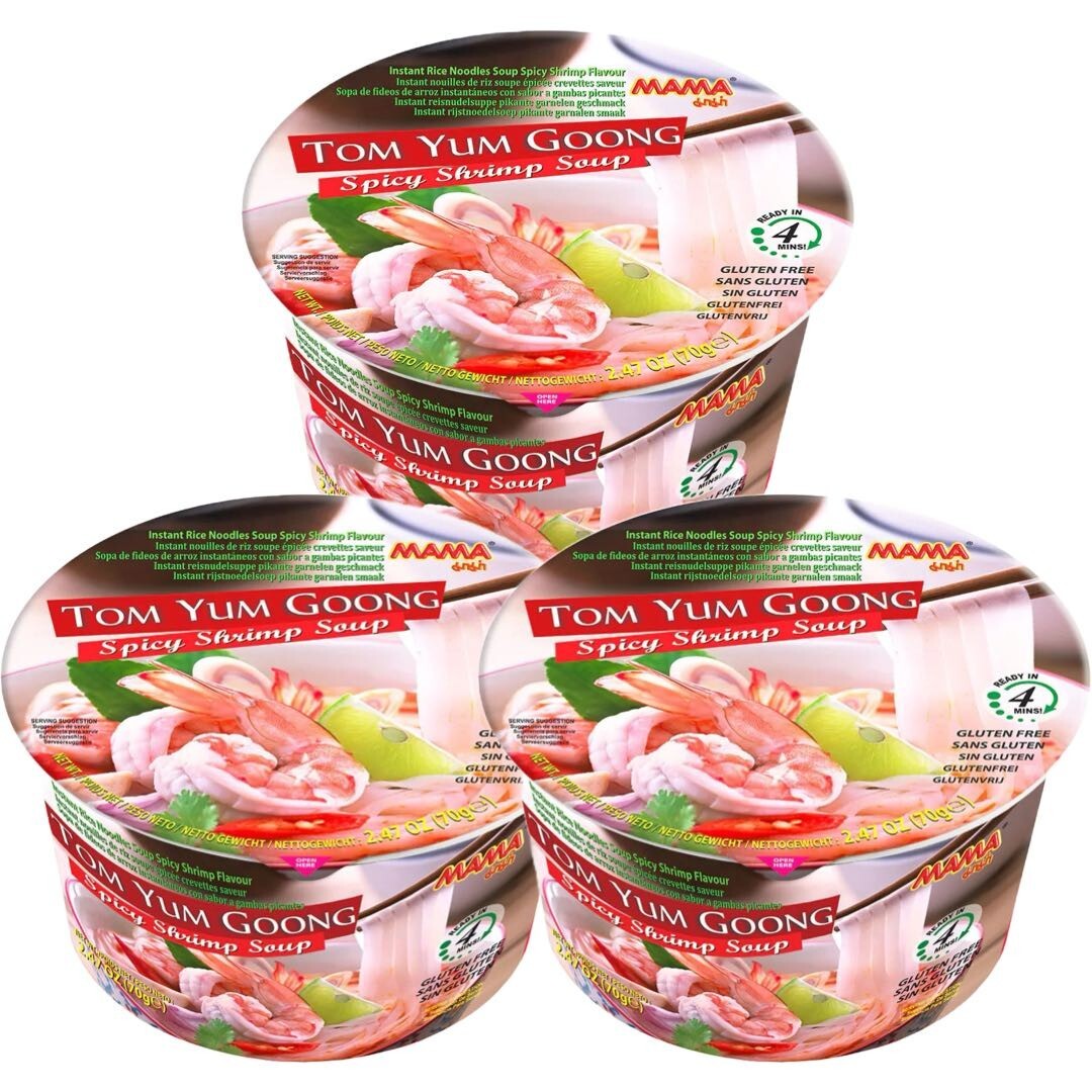 MAMA Tom Yum Goong Spicy Shrimp Instant Rice Noodle Soup Bowl 70g (Pack of 3)