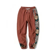Men Embroidered Tapered Pants Loose Elastic Waist Trousers Cuffed Joggers Pants