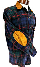 Vtg WOOLRICH Men's Plaid Wool Flannel Overshirt/Shirt Elbow Patches USA M EUC